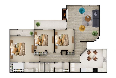 Floor plan for 3 beds, 2 baths, 1295 sqft